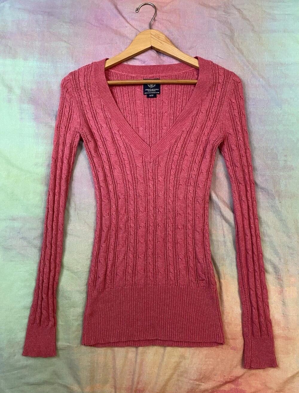 Vintage Y2K American Eagle Cableknit V Neck Sweater Skinny Long Emo Pink Size S